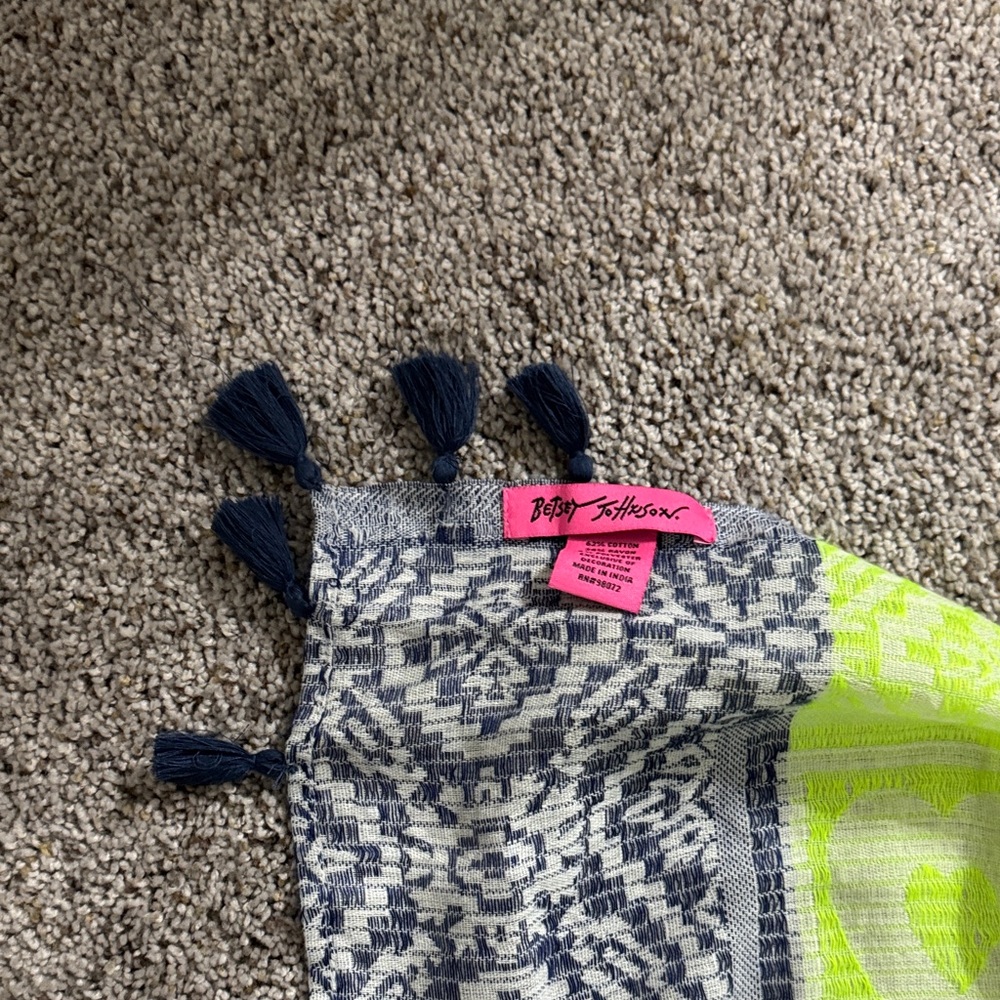 Betsey Johnson Blue White Patterned Scarf with Neon Yellow Accent - Picture 3 of 4